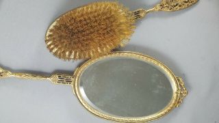 Vtg Rare Apollo Gold Hand Mirror & Brush Set w/ Hand Painted Miniature Portrait 4