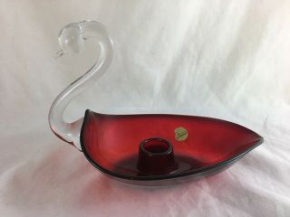 Duncan Miller Glass Co Pall Mall Ruby Red Swan Candleholder,  1940’s Rare Htf