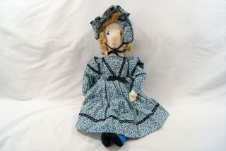 Vintage Handmade Cloth Rag Doll Girl In Blue Floral Dress W/ Bonnet Hat 18 " Tall