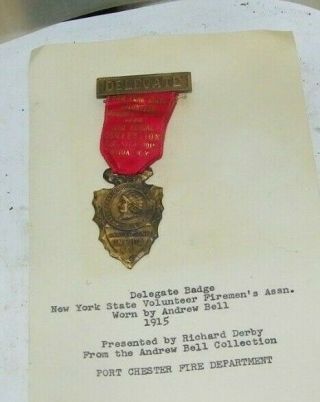 Vintage Antique Delegate Badge Ny Volunteer Firemen 