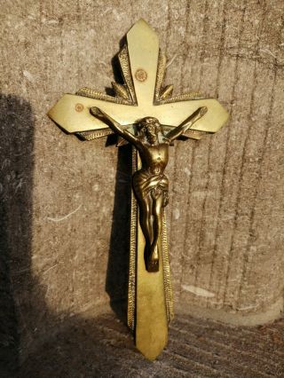 Antique Vintage Art Deco Priests Nun Room Bronze Wall Cross Jesus Christ Copus -