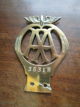 Vintage Rare 1910/2011 Aa Badge.  No.  35318.  Solid Brass; Mayfair,  Fanum,  London