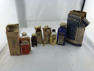 Vintage Antique Glass Medicine Bottles With Boxes And Some Contents