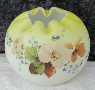 Antique Victorian Mt.  Washington Hand - Painted Yellow Satin Glass Rose Bowl