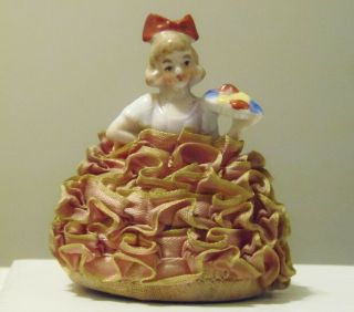 8 Girl W Fruit Basket Half Doll Antique Porcelain Pincushion Doll Germany