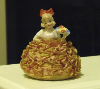 8 Girl w Fruit Basket Half Doll ANTIQUE Porcelain Pincushion Doll Germany 3