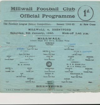 Very Rare Ww2 War - Time Football Programme Millwall V Brentford 1945