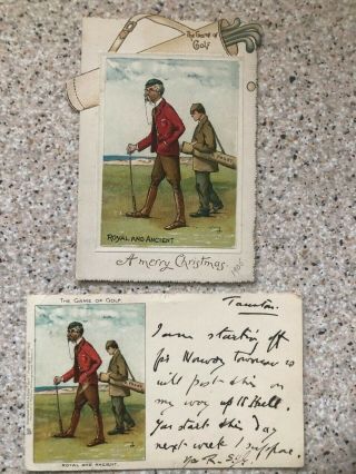 Rare Early 1901 Identical Golf Postcard & Xmas Card - Red Coated Golfer Vg Cond