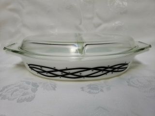 Rare Pyrex Divided Casserole Dish 1.  5 Quart Black Design Milk Glass,  Mid Century