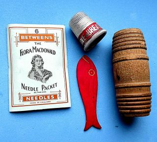 Antique Wooden Barrel Sewing Needle Case,  Fish Winder,  Needle Pack,  Advert Thimble