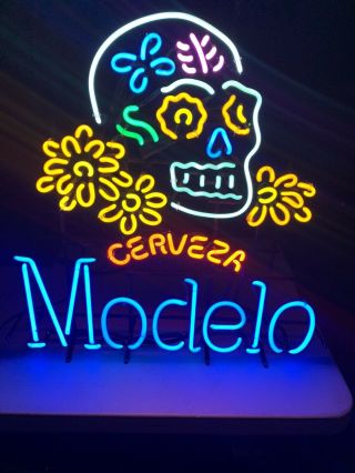 Rare Modelo Beer Skull Neon Sign Dia De Los Muertos Day Of The Dead Bar Light