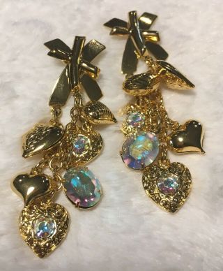 Rare Vintage Kirks Folly Goldtone Dangle Earring Ab Rhinestone Crystal Heart Bow