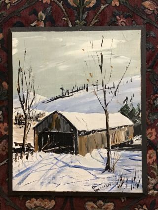 Vintage Covered Bridge Winter Scene Oil Painting On Wood Signed Pemberton 7”x 9”