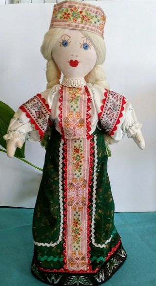 Vintage Hand Made Cloth 15 " Doll Embroidered Face Blonde Braids Norwegian/czech?