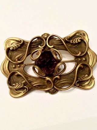 Antique Art Nouveau Large Brass Brooch Pin With Faceted Amethyst Glass