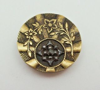 Antique Brass Paris Back Metal Button W Steel Escutcheon,  Floral Design,  1 1/8 "