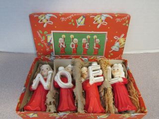 Vtg Set Of 4 Ceramic Noel Angels Candle Holders Rare Red Gowns - Japan