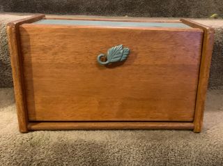 Rare Vintage Wooden Pull Down Bread Box With Green Top And Metal Knob