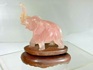 Antique Chinese Carved Rose Quartz Trunk Up Lucky Elephant On Hardwood Stand