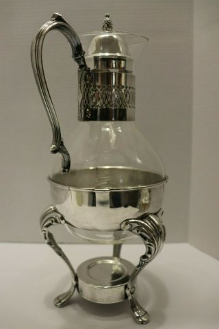 VINTAGE SILVER PLATE & GLASS COFFEE/TEA CARAFE PITCHER WITH STAND 3