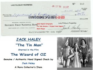 Jack Haley The Tin Man Wizard Of Oz Hand Signed Bank Cheque 1966 Rare Item