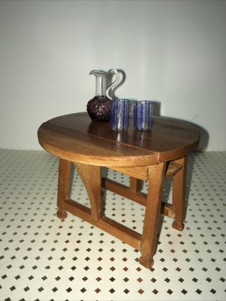 Antique Vintage Dollhouse Tynietoy? Style Drop Leaf Table With Glass Accessories