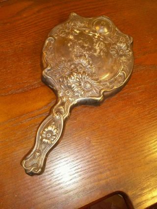 Antique Ornate Hand Held Silver Mirror Empire Art Silver