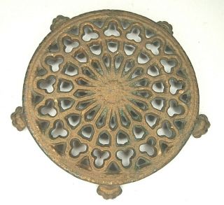 Vintage Cast Iron Claw Foot Metal Round Trivet - Gold Paint - Marked - 4 5/8 " Across