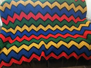 Vtg Zigzag Chevron Crochet Afghan Blanket Throw Blue Black Red Green Gold Afgan