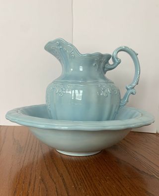 Vintage Large Blue Arnels Porcelain Water Pitcher And Basin Blue White Floral