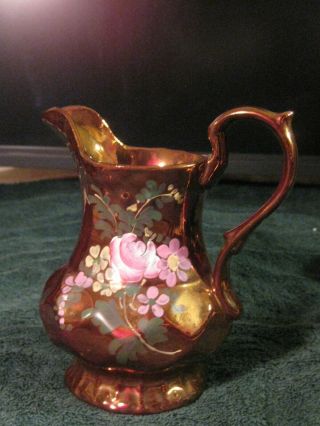 Vintage England Copper Luster Pitcher Jug Hand Painted Pink Rose Floral