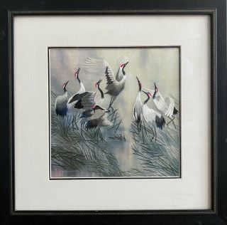 Vintage Signed Chinese Or Japanese Silk Embroidery Panel Art Birds