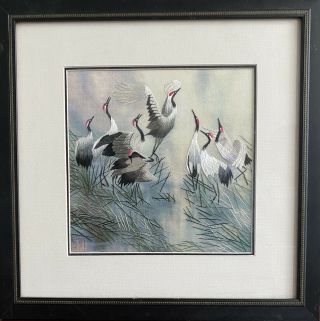 VINTAGE SIGNED CHINESE OR JAPANESE SILK EMBROIDERY PANEL ART BIRDS 2