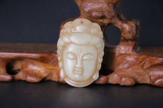 Antique Chinese Hand Carved Jade Buddha Head Sides Pendant.