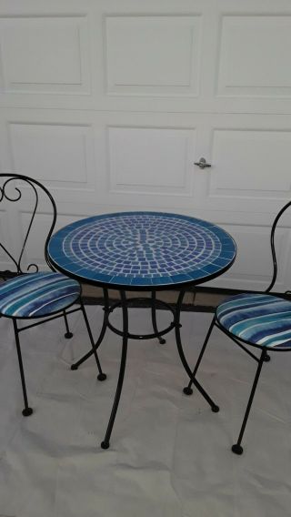 A Gorgeous Rare Indoor/outdoor 3 - Pc Wrought Iron Bistro Set W/ Mosaic Table Top