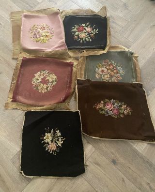 6 Vintage Antique Floral Needlepoint Chair Pad Seat Covers