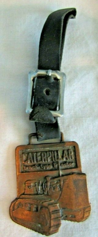 Vintage Metal Key Chain Watch Fob Leather Strap Cat Caterpillar Bull Dozer Rare