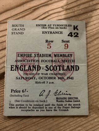 Rare War Charities Football Ticket England V Scotland Wembley 10/10/1942