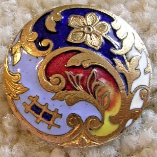 Ex Rare Antique French Floral Enamel Button,  Ca.  1880s/1890s.  Paris Back Mark
