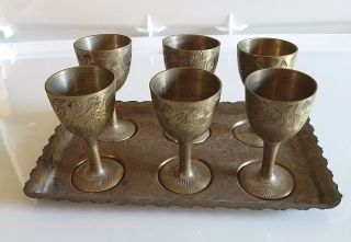 Vintage Set Of 6 Brass Cordials Cups Wine Goblets With Underplate Serving Tray