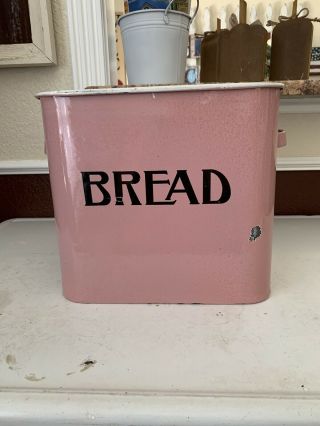 Rare Vintage French Pink Enamelware Bread Box Bin Canister With Black Lettering