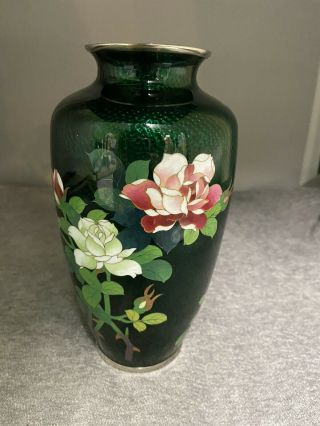 Cloisonné Sato Ando Style Ginbari Green Vase Roses Bamboo & Bird 7 " Tall