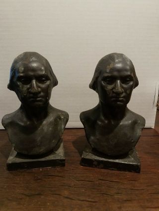 Antique Or Vintage Pair George Washington Cast Iron Bust Statue Figure Bookends