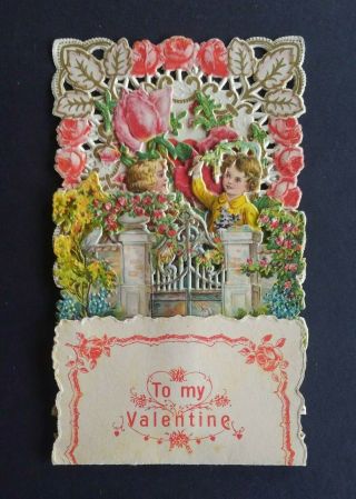Antique German Pop Up Out Valentine Card Flowers Girl Boy,  Honeycomb 7 X 4 "