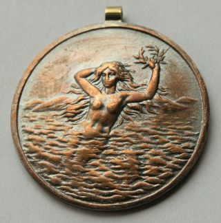 Nude,  Mermaid,  On Hungarian Antique Bronze Medal 1900.  Balaton Swimmers.  28mm/dia