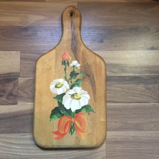 Vintage Wood Cutting Board Tole Floral Hand Painted Wall Hanging 14x7