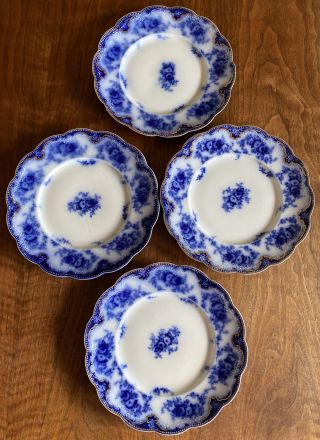 Set Of 4 Antique W.  H.  Grindley Florida Pattern Flow Blue 8.  75” Luncheon Plates