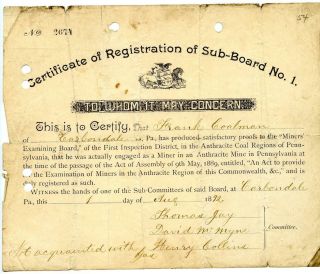 1892 Anthracite Coal Miner Certificate Of Competency Carbondale Pennsylvania