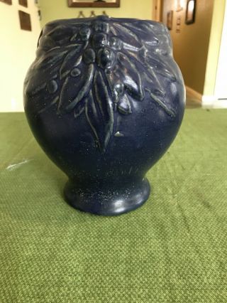 Antique Van Briggle? Vase,  Leaves And Berries,  Ming Blue? Matt Glaze
