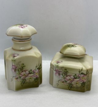 Vintage Japan Nippon Hand Painted Dresser Set Perfume Bottle & Powder Jar / Rare